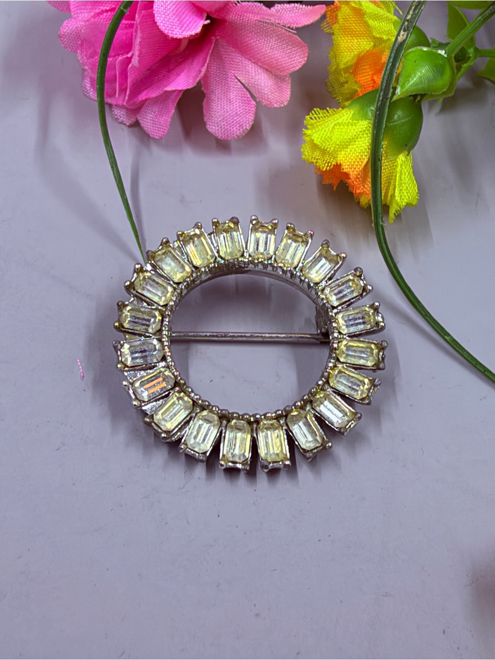 Vintage Silver-Tone Baguette Rhinestone Circle Brooch Pin